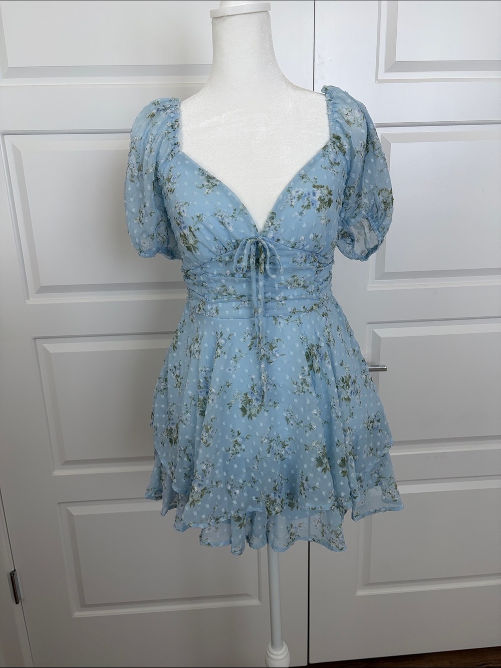 Light Blue Floral Puff Sleeve Romper